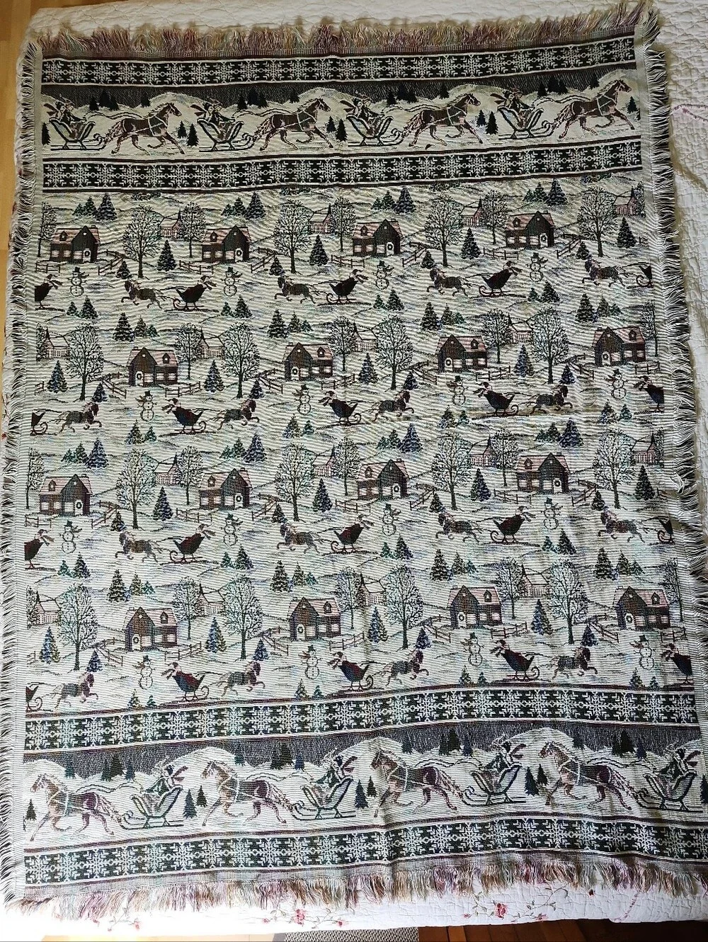 VTG Goodwin Weavers Winter Country Sleigh Ride Tapestry Throw Blanket  70”x 54”